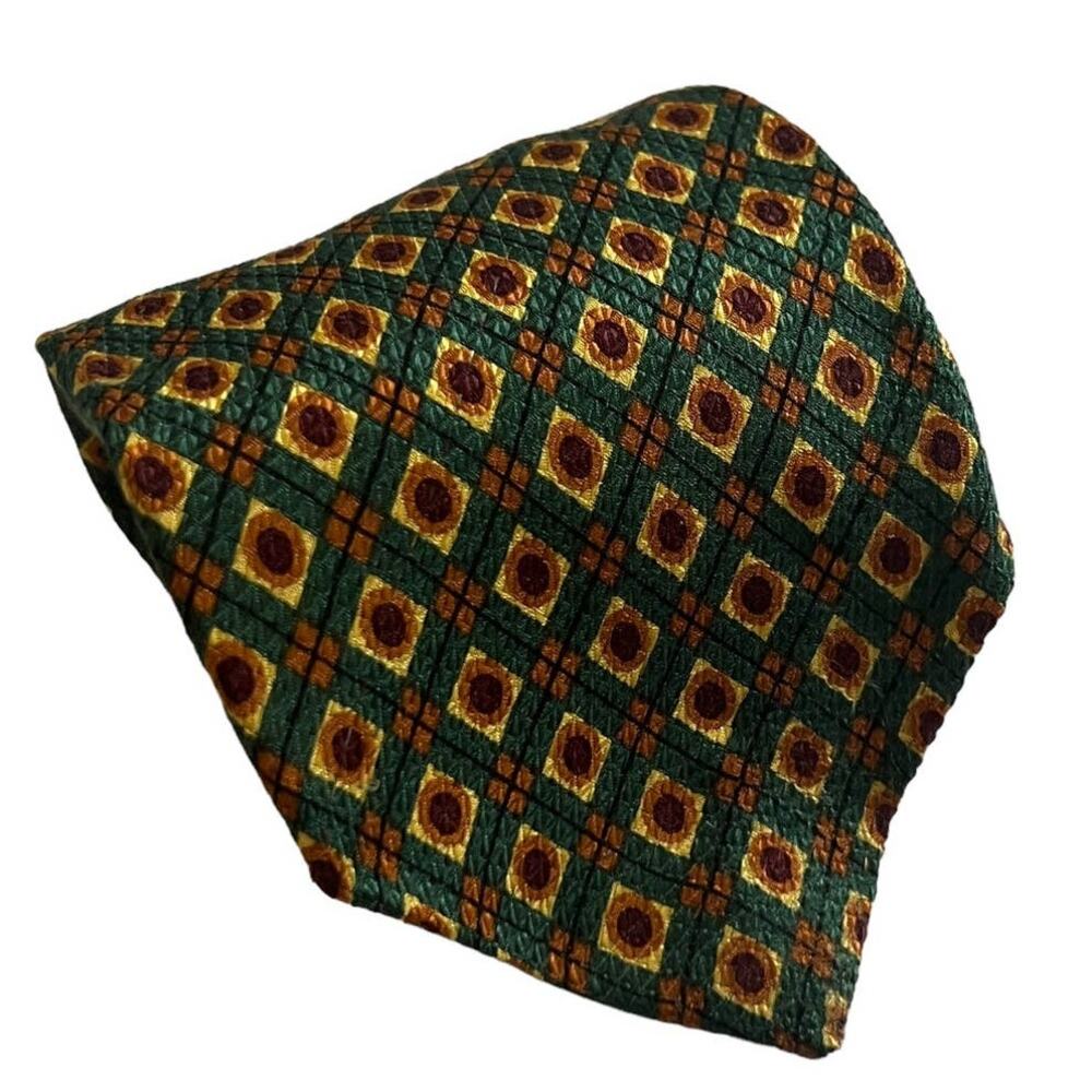 Aquascutum London Green Brown Tan Diamond Geometric Pattern Silk Tie